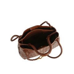 The LM Knot Accent Woven Tote features brown faux leather, two braided handles, gold-tone knot detail, elegant gold hardware, and a spacious interior shown from above with the top open.