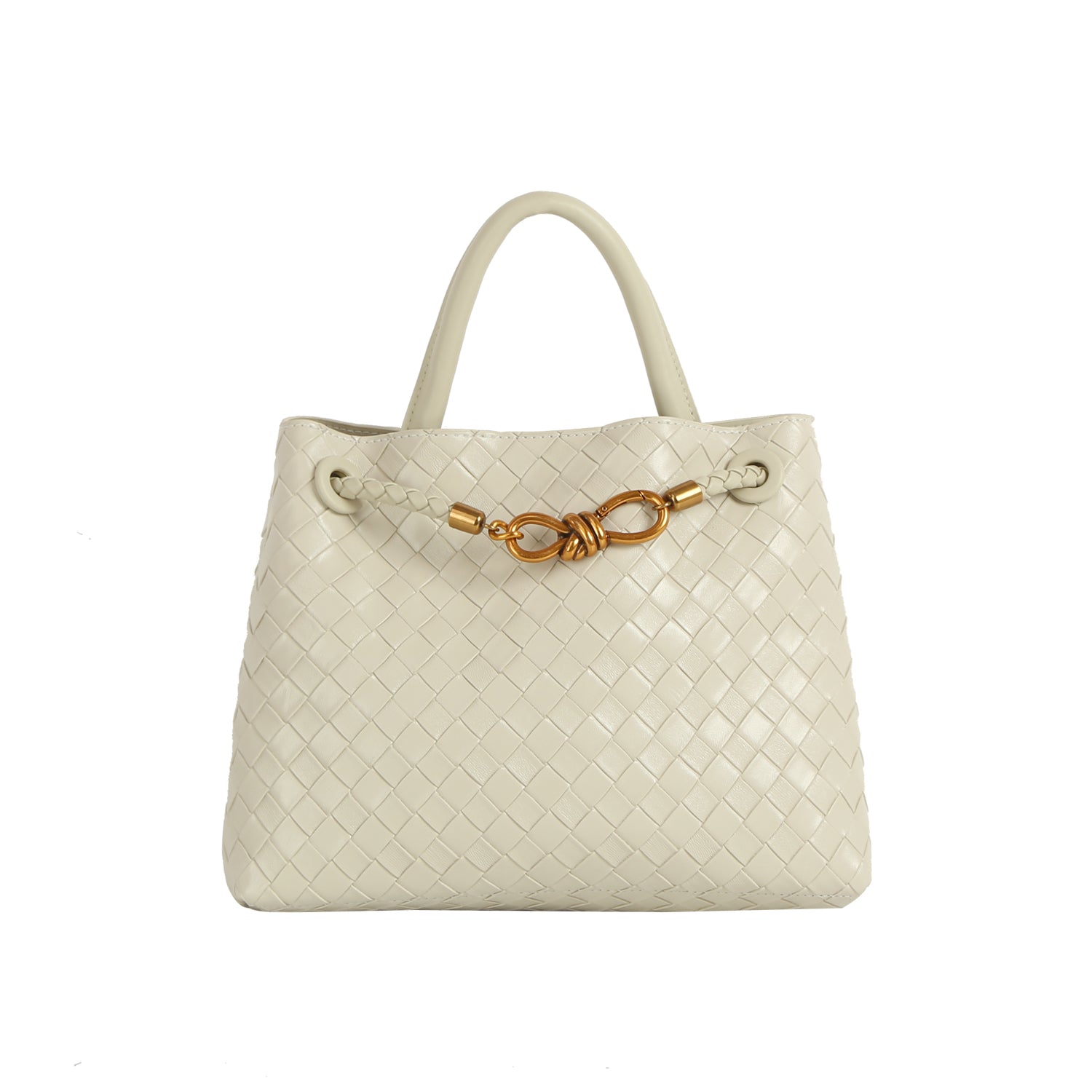 The LM Knot Accent Woven Tote is a cream-colored faux leather bag featuring two handles, a braided crossbody strap, and a gold-tone knot accent on the front.