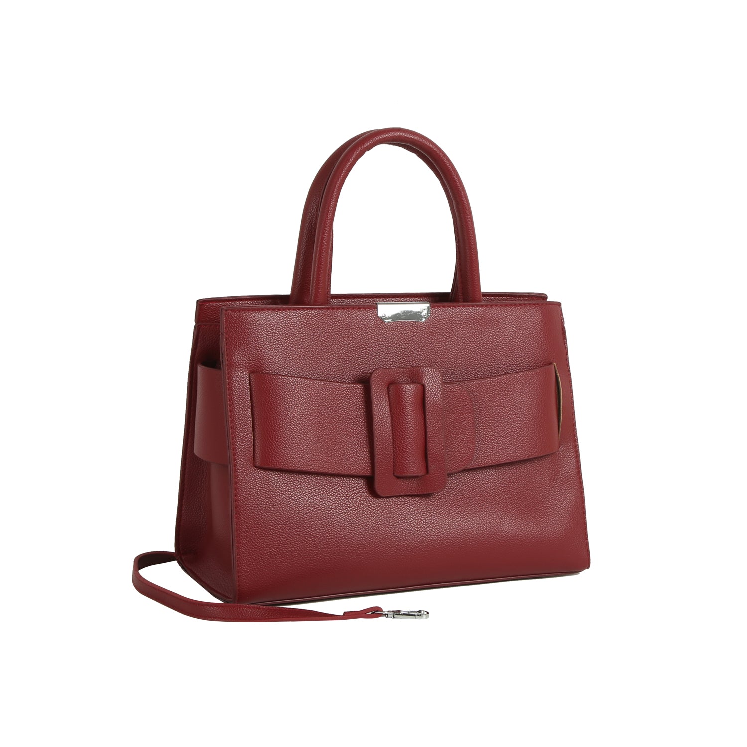 The LM Buckle Accented Structured Tote is a red leather bag with two handles, a front statement buckle detail, and a detachable crossbody strap, displayed against a white background.