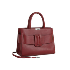 The LM Buckle Accented Structured Tote is a red leather bag with two handles, a front statement buckle detail, and a detachable crossbody strap, displayed against a white background.