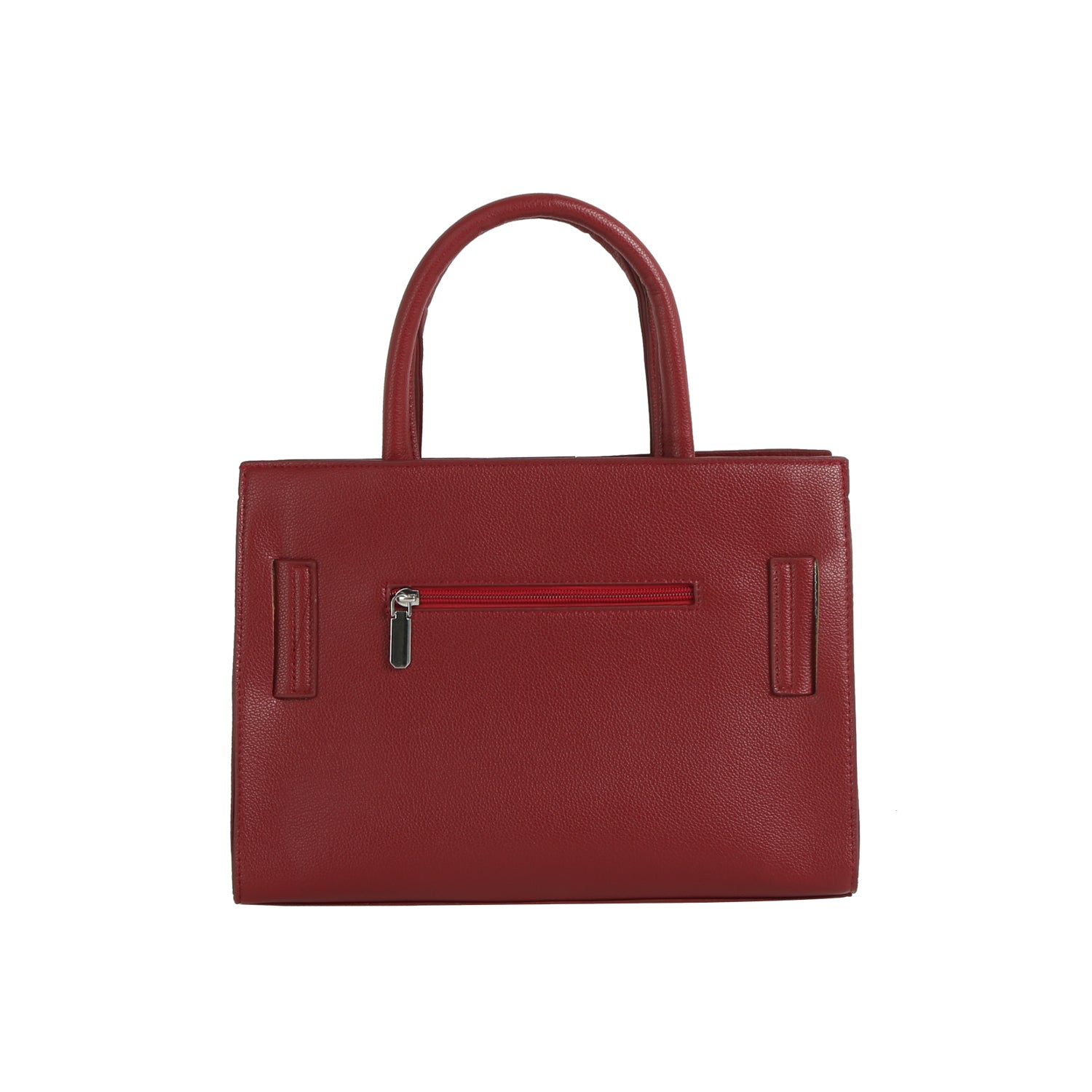 The LM Buckle Accented Structured Tote is a red leather bag with two handles, a small front zip pocket, and a simple, structured silhouette.