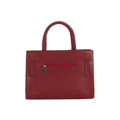 The LM Buckle Accented Structured Tote is a red leather bag with two handles, a small front zip pocket, and a simple, structured silhouette.