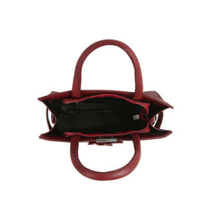 Top view of an open LM Buckle Accented Structured Tote in red leather with two handles, a spacious black interior, zipper closure, and detachable crossbody strap.