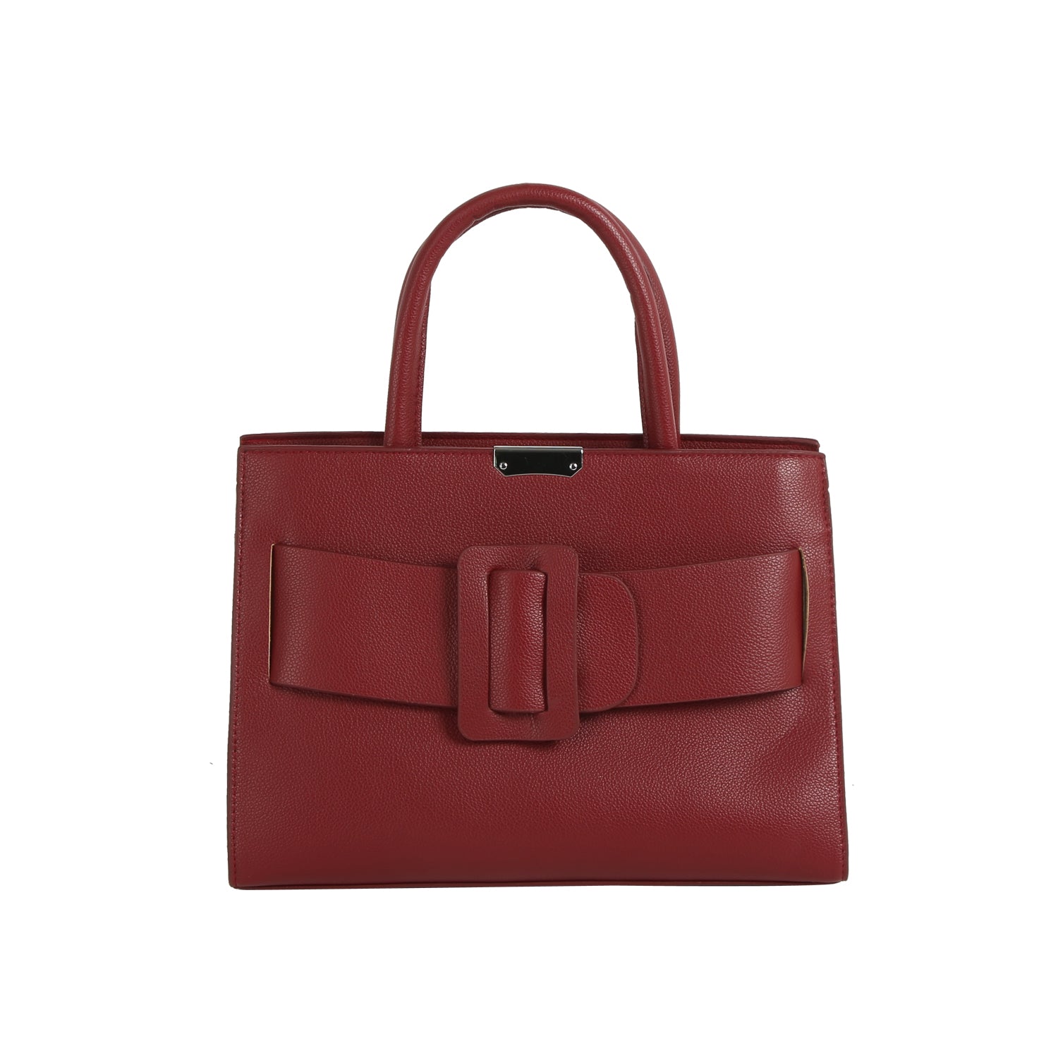 The LM Buckle Accented Structured Tote is a red leather bag with two handles, a large decorative bow, and a statement buckle detail on the front.
