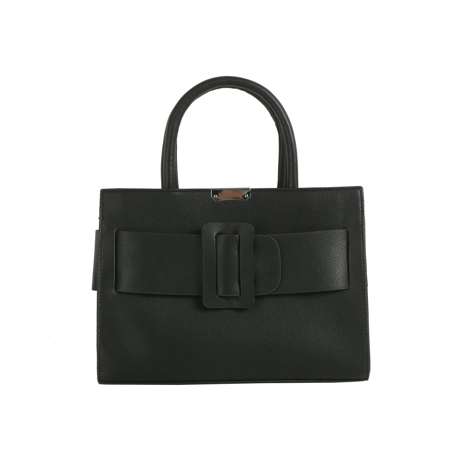 The LM Buckle Accented Structured Tote is a black leather bag with two handles, a bold decorative buckle, front bow detail, and a detachable crossbody strap for versatile styling.