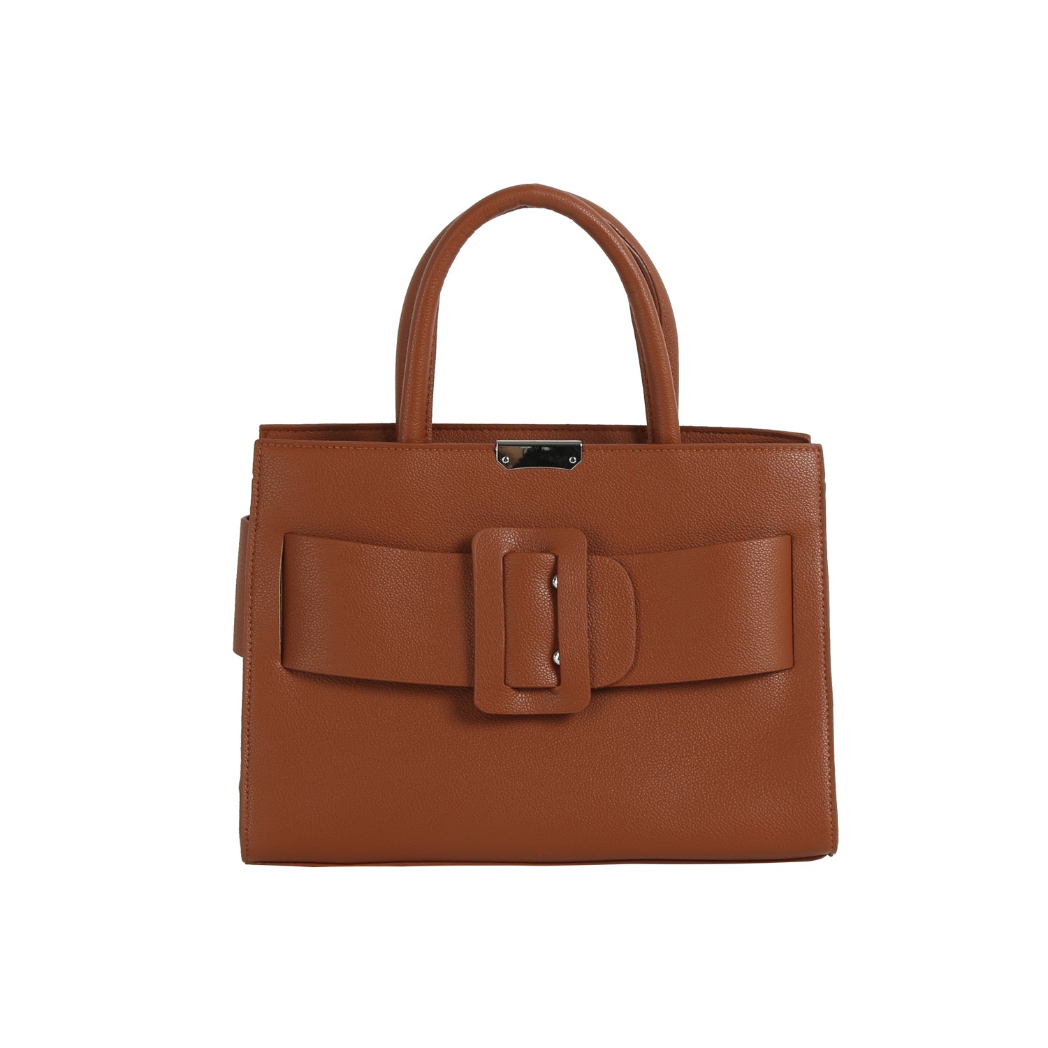 The LM Buckle Accented Structured Tote features brown leather, two handles, a front bow detail, a statement buckle, and a structured silhouette, shown against a white background.