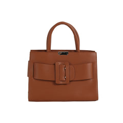 The LM Buckle Accented Structured Tote features brown leather, two handles, a front bow detail, a statement buckle, and a structured silhouette, shown against a white background.