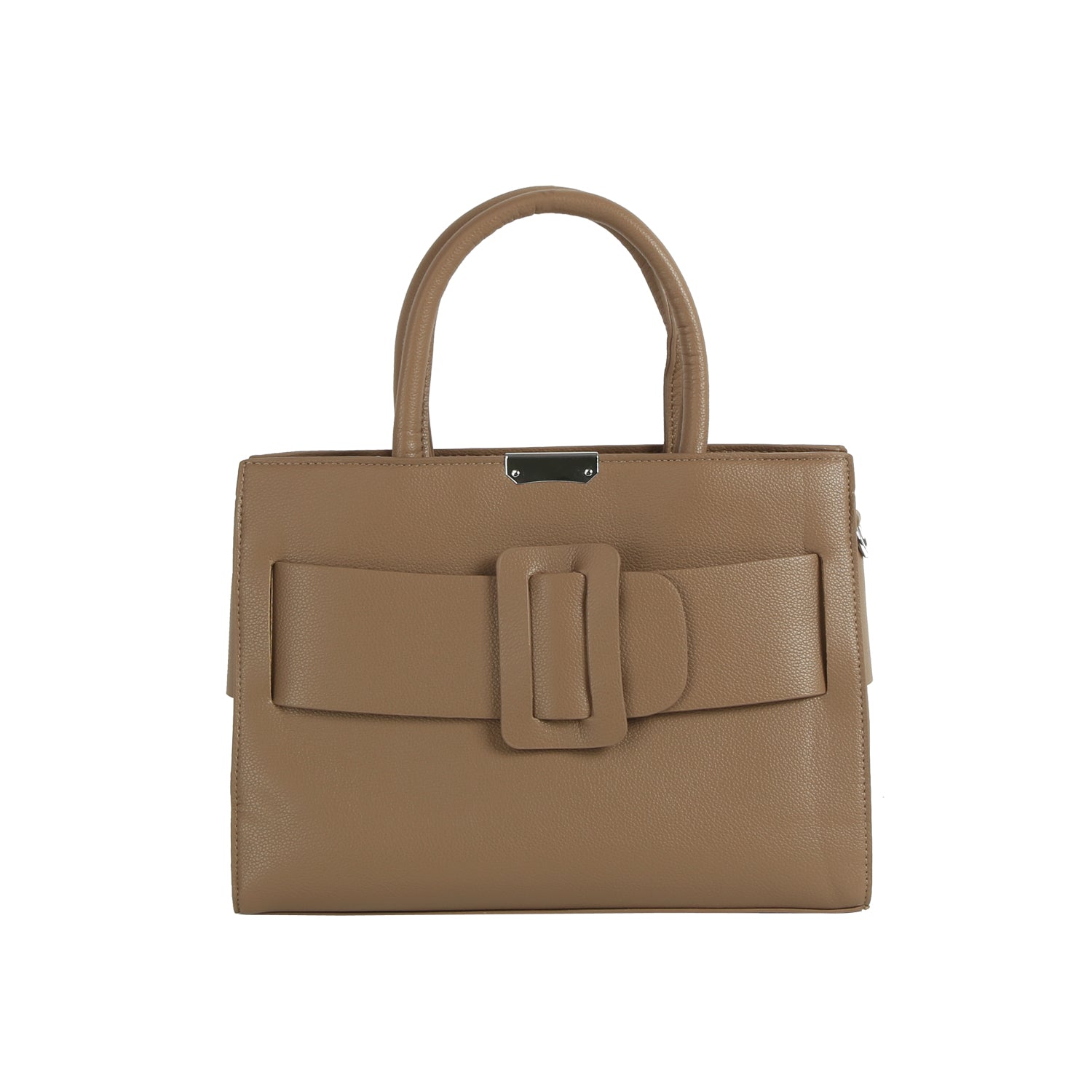 The LM Buckle Accented Structured Tote is a taupe leather handbag featuring two handles, a statement front buckle, a rectangular shape, and a detachable crossbody strap for versatile carrying.