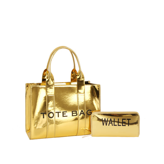 Oversized Metallic Structured Tote Bag Set (2-Piece)