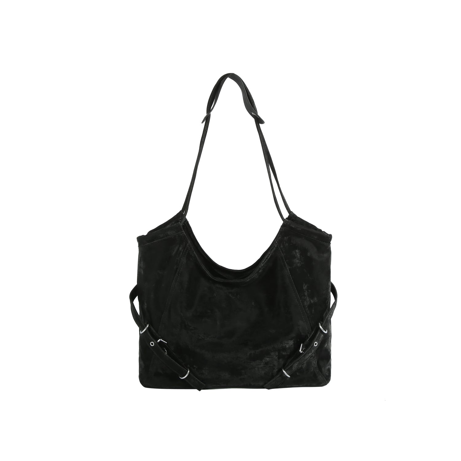 Black leather handbag with shoulder strap on a white background