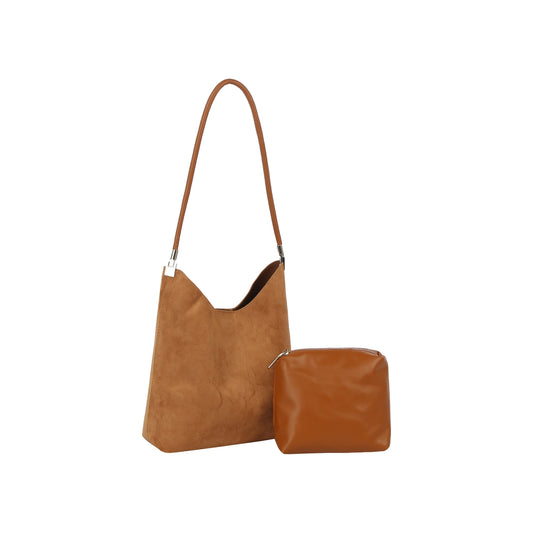 Curved Top Suede Hobo Shoulder Bag with Pouch