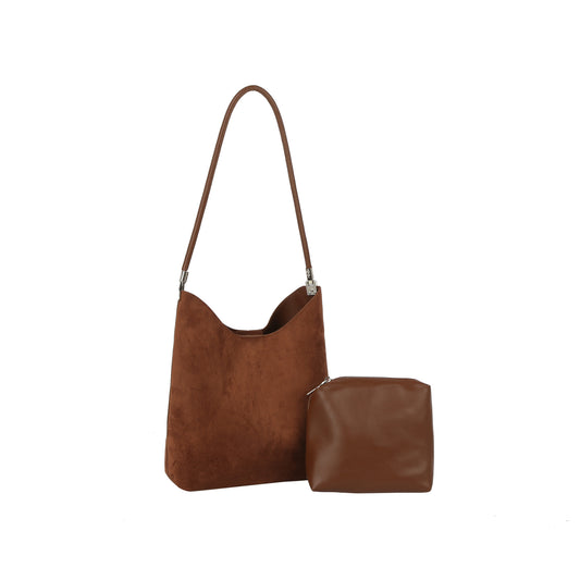 Curved Top Suede Hobo Shoulder Bag with Pouch