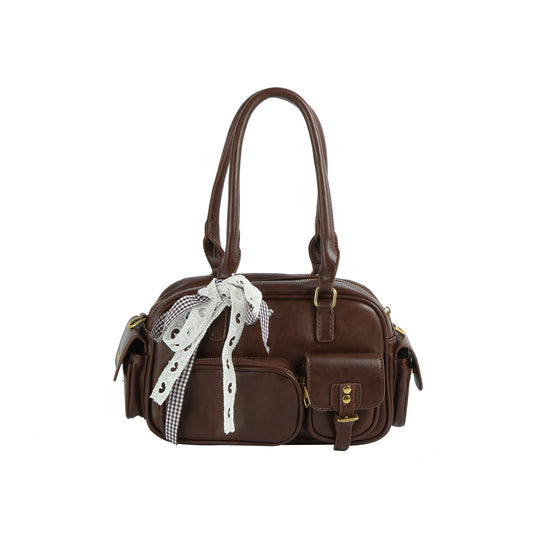 Ribbon Accent Multi-Pocket Shoulder Bag