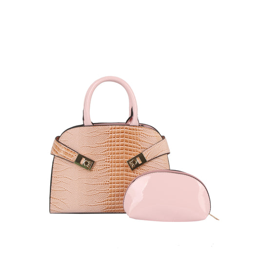 Croc Embossed Top Handle Satchel Set with Cosmetic Pouch