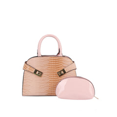 Croc Embossed Top Handle Satchel Set with Cosmetic Pouch