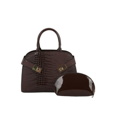 Croc Embossed Top Handle Satchel Set with Cosmetic Pouch