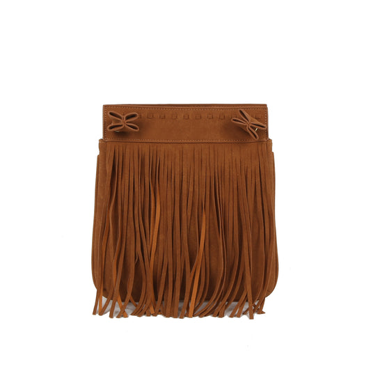 Brown fringed handbag with decorative elements on a white background