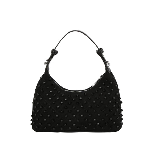 Studded Suede Baguette Shoulder Bag with Detachable Crossbody Strap