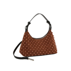 Studded Suede Baguette Shoulder Bag with Detachable Crossbody Strap