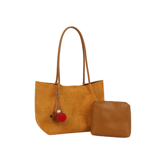 Classic Suede Tote with Faux Leather Pouch Set