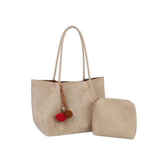 Classic Suede Tote with Faux Leather Pouch Set