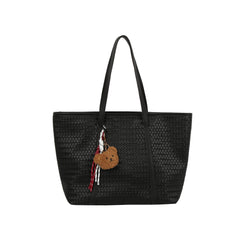 Woven Leather Tote with Bear Charm