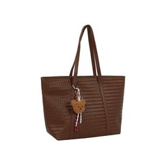 Woven Leather Tote with Bear Charm