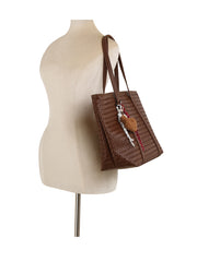 Woven Leather Tote with Bear Charm
