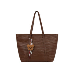 Woven Leather Tote with Bear Charm
