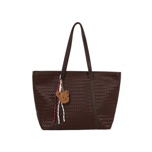 Woven Leather Tote with Bear Charm