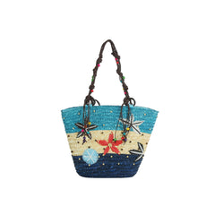 Beaded Floral Straw Shoulder Tote