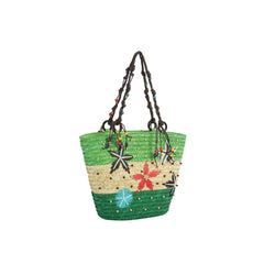 Beaded Floral Straw Shoulder Tote