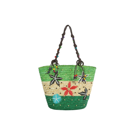 Beaded Floral Straw Shoulder Tote