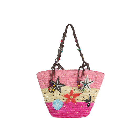 Beaded Floral Straw Shoulder Tote