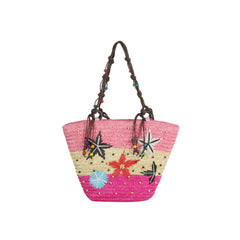 Beaded Floral Straw Shoulder Tote