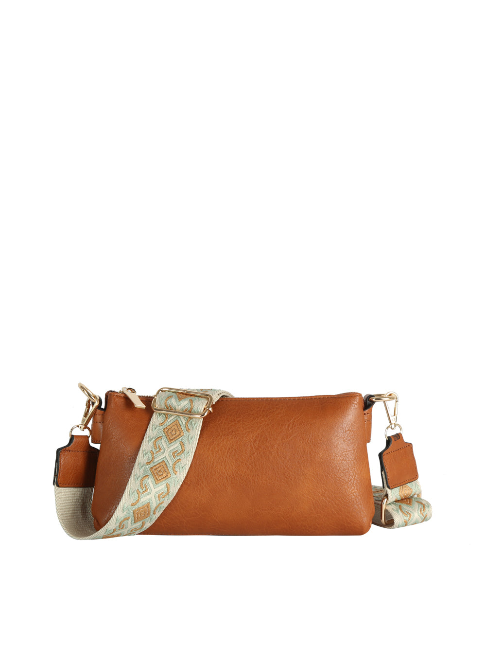 The CL Guitar Strap Crossbody Clutch Bag is a rectangular brown faux leather bag with gold hardware and an adjustable cream geometric guitar strap, designed for organized storage. Shown on a white background.