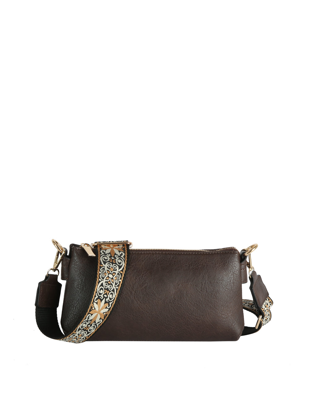 The CL Guitar Strap Crossbody Clutch Bag is a rectangular dark brown faux leather bag with a zipper closure and an adjustable guitar strap displaying a black, white, and gold pattern. Offers organized storage against a crisp white backdrop.