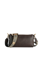 The CL Guitar Strap Crossbody Clutch Bag is a rectangular dark brown faux leather bag with a zipper closure and an adjustable guitar strap displaying a black, white, and gold pattern. Offers organized storage against a crisp white backdrop.