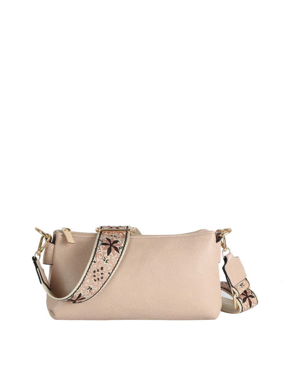 The CL Guitar Strap Crossbody Clutch Bag is a beige faux leather handbag with zip closure, detachable adjustable strap, pink and brown floral embroidery, gold-tone hardware, organized storage, and a matching keychain pouch.