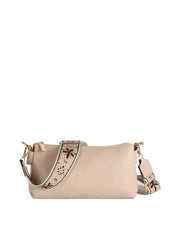 The CL Guitar Strap Crossbody Clutch Bag is a beige faux leather handbag with zip closure, detachable adjustable strap, pink and brown floral embroidery, gold-tone hardware, organized storage, and a matching keychain pouch.