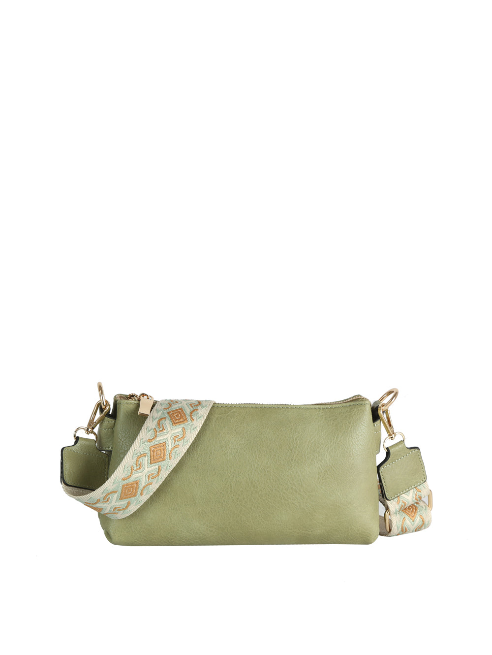 The CL Guitar Strap Crossbody Clutch Bag features light green premium faux leather, a beige and orange geometric adjustable strap, and gold hardware. Perfect for organized storage on the go, shown against a white background.