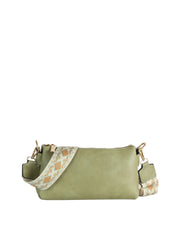 The CL Guitar Strap Crossbody Clutch Bag features light green premium faux leather, a beige and orange geometric adjustable strap, and gold hardware. Perfect for organized storage on the go, shown against a white background.