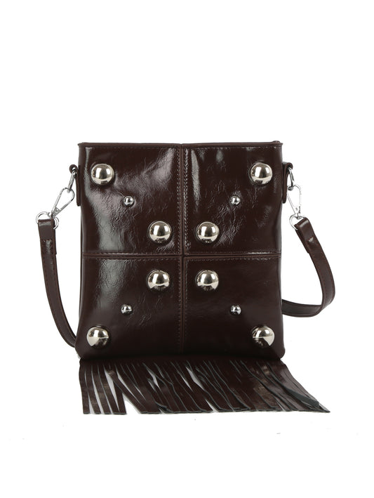 Studded Grid Panel Shoulder Bag