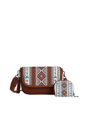 The HR Aztec Crossbody Set features a brown crossbody bag and matching coin pouch, both with colorful geometric designs, faux leather material, detachable straps, and zipper closures.