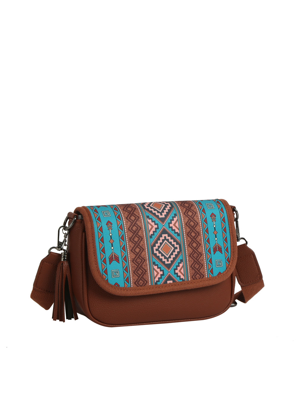 The HR Aztec Crossbody Set is a brown faux leather handbag with a flap showcasing a vibrant blue, pink, and brown geometric pattern, wide strap, tassel detail, and silver hardware.