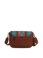The HR Aztec Crossbody Set is a brown tribal-pattern bag with a front zipper pocket, a flap in blue, pink, and black geometric designs, a matching brown strap, and a stylish small tassel.