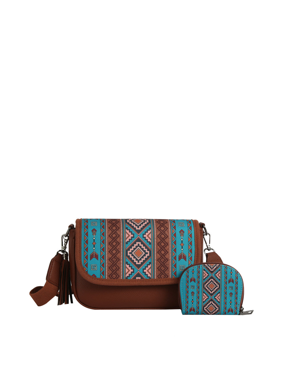 The HR Aztec Crossbody Set features a brown faux leather bag with a blue and red geometric tribal flap and a matching pouch. Both have detachable straps, offering stylish versatility with coordinated Aztec-inspired designs.