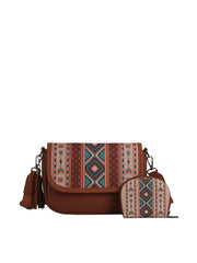 The HR Aztec Crossbody Set features a brown faux leather handbag with a colorful geometric flap, a matching coin purse, and a tassel keychain for stylish coordination.