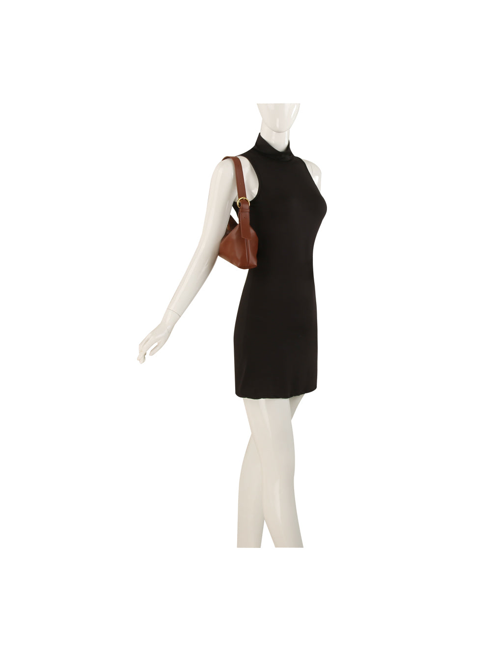 Mannequin wearing a black sleeveless dress with a brown handbag on a white background