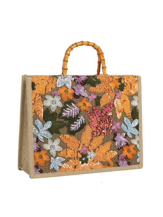 Sequin Floral Bamboo Handle Tote